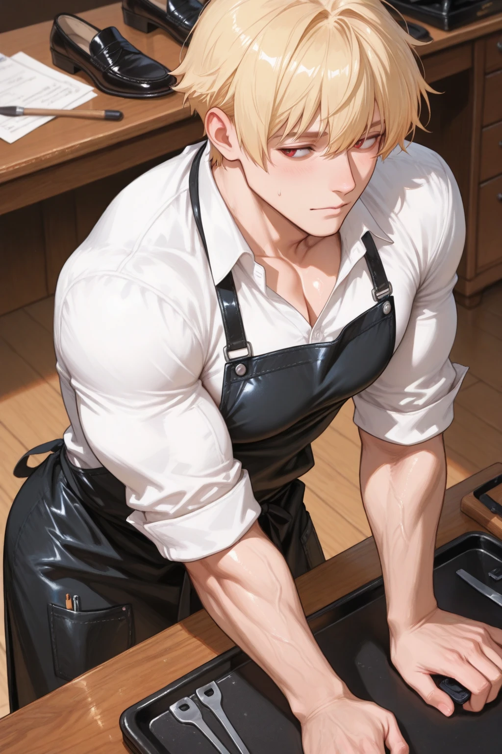 vane /(granblue fantasy/)、muste piece, ,,best quality,male,solo,beautiful detailed skin、Glittering oiled skin,blush、(black apron, cafe uniform,detailed face,blush,Panting、:1.2), complicated and elegant、sexy、 Strong muscles、,(,,,projectile ,,:1.3),kitchen
