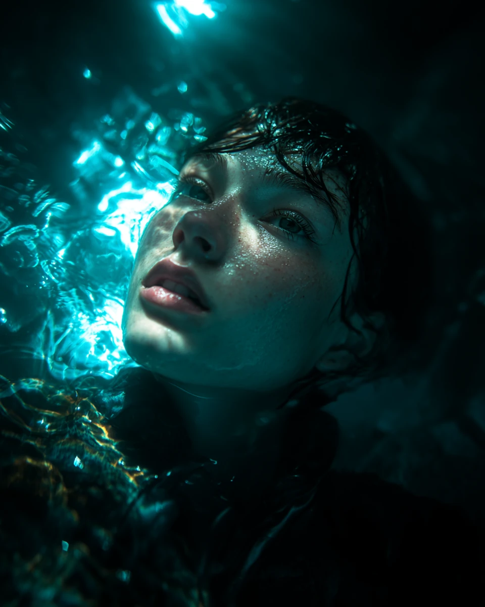 macro photography from above of fashion model's blue eyes poke out of the water at night,