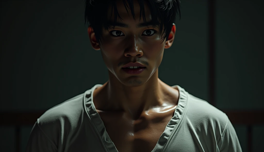 (Photorealistic:1.4, ultra realistic, best quality, 4k, masterpiece:1.2, 8K UHD, RAW Photograph, Photorealistic Portrait Leica Digital SLR, Lifelike images, make this image a true masterpiece), Soft raindrops, a young handsome Japanese man is standing in a japanese garden in the rain, His wet kimono clings to his body parted just enough to reveal the chiseled lines of his chest and   , wet hair, The lantern-lit streets behind him are blurred by the misty veil of rain turning the world into a painting of deep blues and golds, His gaze is distant, lost in the rhythm of falling water, half body shot, close shot.