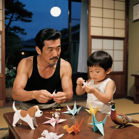 1970年代、折り紙で遊ぶ親子