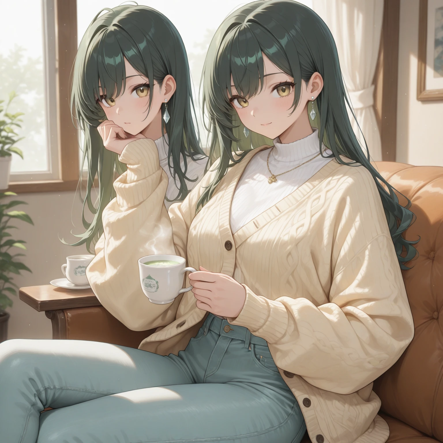 (((1 person　Gray Hair　Sit on the sofa　Crossing your legs　greenい目)))　((High resolution　short hair　hoodie　Black Skirt　Rin々Funny face))　((Close-up))　((green　Asahi　Shining Aura　Catch the wind　Holding a cup　Drink coffee))　(smile　Bathed in light)　Shining Background　Shining Edge
