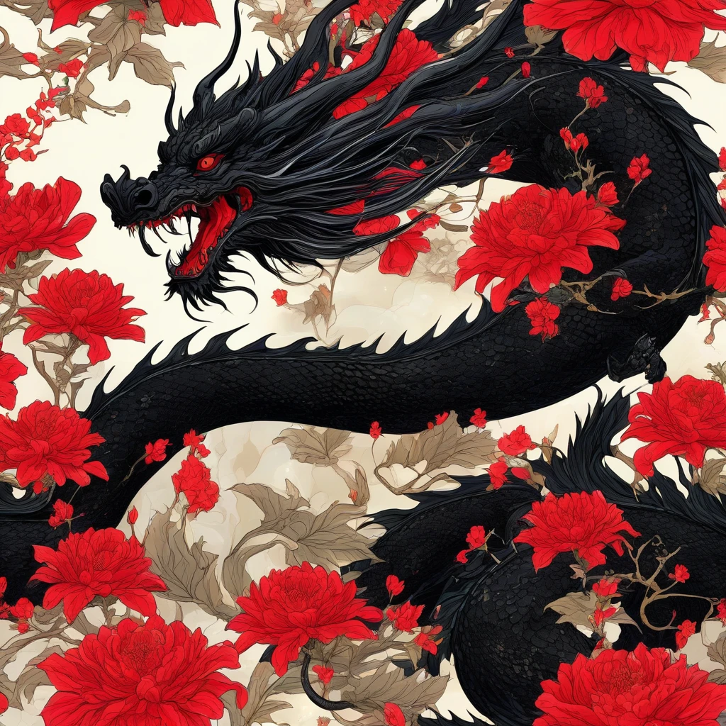 Make a design of a black dragon surrounded by red spider flowers in a sketch style for a leg tattoo 