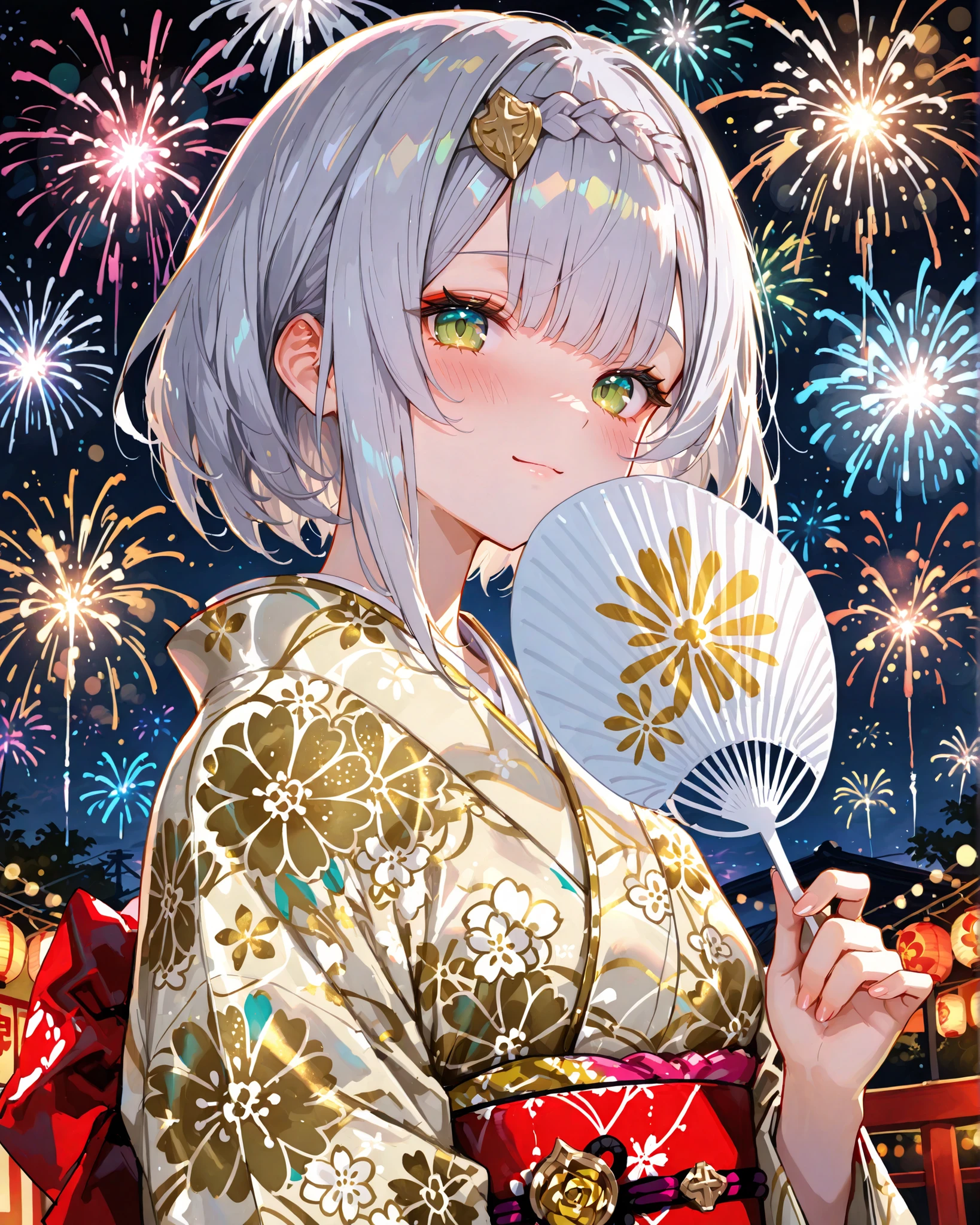 ((one personの女性)), Beautiful Face,Laughing embarrassedly,Laughing with your mouth open,((Wink:2.0)),Bright red cheeks,Glossy pink lips,night,Festival stalls on the riverbank,Colorful fireworks,((Anime style background)),masterpiece, highest quality, so beautiful, Latest, Complex details, (Pink long nails),AI-generated, Complex,High resolution, highest quality, super high quality,3D Images、View your viewers、3D Images,one person,Long white hair,High Ponytail,blue eyes,Anime woman posing for a photo, ((Fine grain、Colorful eyes、Shining Eyes)),((Squint your eyes:1.1),a hyperRealistic , hyperRealistic , Realistic,Anime woman with long and white hair, Smooth anime CG art, A woman in a colorful kimono with gold embroidery, (Black kimono),Red floral pattern,Long flower hair ornament,Big earrings,,Mature Body,(:1.2)Tall,Big ,Fine details,Narrow waist,(Face close-up:1.5),Bevel the background