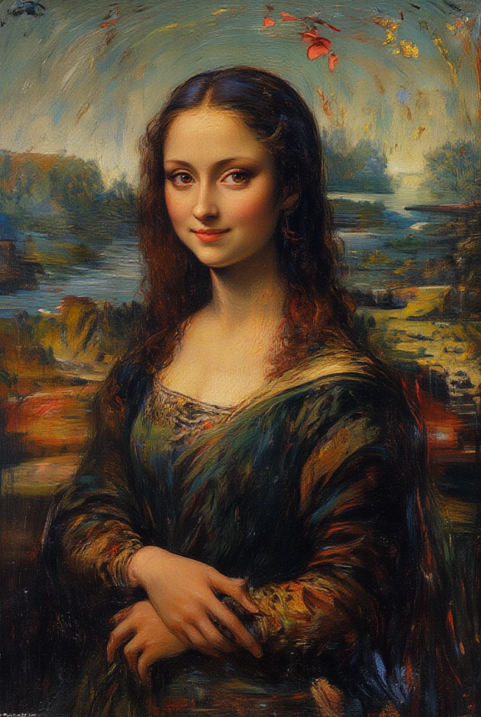 Natalie Portman, Oil painting, Renaissance, Leonardo da Vinci, model, modern style, modern clothing, pop star, cool, dress with black stars, yellow dress, long hair, masterpiece, realistic, star necklace, brown details on the dress, Pablo Picasso theme background, van Gogh theme background, crown of grapes on the head, brown cardigam, moon crown on the head, Jupiter necklace on the neck, Bracelet made of vines