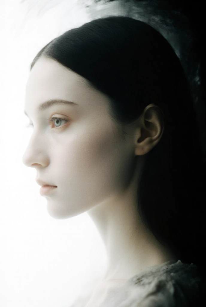 Beautiful girl, pale skin, black hair, loose hair