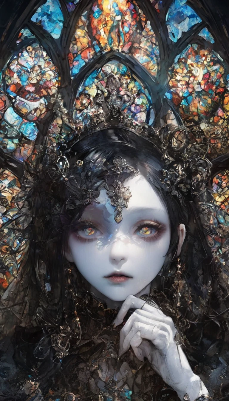 monochrome,pn,Hard ,Kale,A Kale devil woman with a black and white  dress holding a red lipgloss stick,sitting down,close up,Devil's eye,revealing  costume,,Kale,layer,high-heels,,kitten,devil tattoos,Satan,together,blue colored eyes,Detailed clothing patterns, pose,kitten,,busty,Detailed gothic background,dark fantasy background,inspired by Robert McGinnis, inspired by Grete Stern, Takato Yamamoto style, Guido Crepax, Guido Crepax style, nearby, Vania Zouravliov, inspired by Leonor Fini, Nagao Shusei, inspired by Yamamoto Takato.Inspired by Klimt and Mucha.

day: beautiful detailed eyes, beautiful detailed lips, extremely detailed eye and face, long eyelashes, (best qualityer:1.2), ultra detali, (realisitic:1.37), oil painting, color contrast, high resolution, black and white dress, red lipgloss stick, Inspired by Robert McGinnis, inspired by Grete Stern, Takato Yamamoto style, Guido Crepax style, nearby-inspired, Inspired by Vania Zouravliov, Inspired by Leonor Fini, Inspired by Nagao Shusei, Inspired by Yamamoto Takato, bright coloured, dramatic lighting, striking composition, intriguing atmosphere, Feminine elegance.