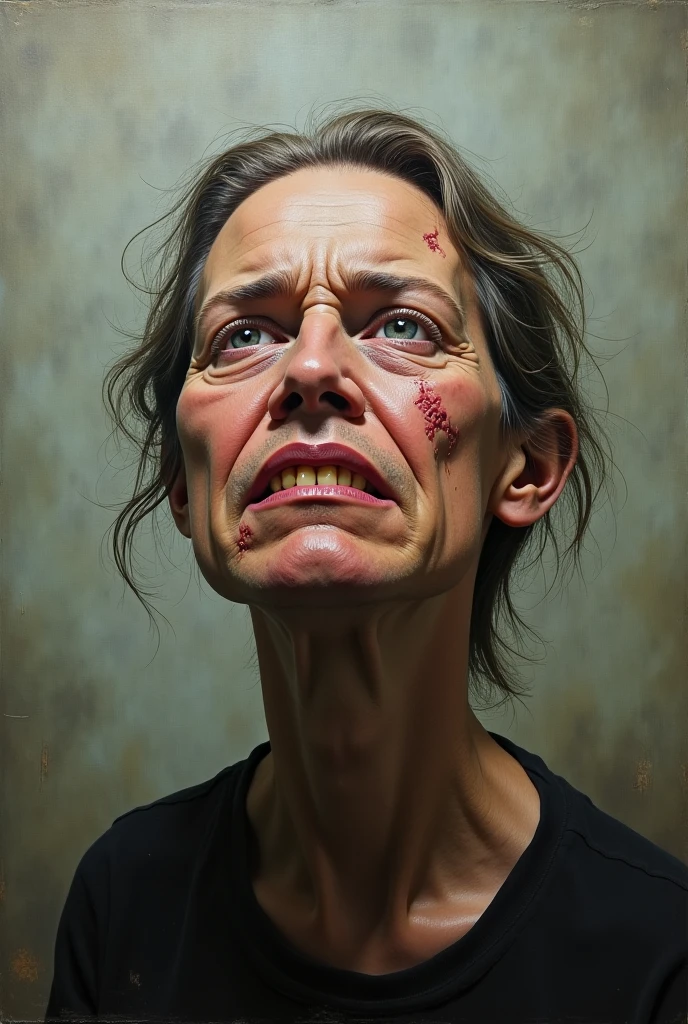 photo of a skinny very old wrinkly-faced faced mature blonde messy long hair thrown into a messy bun ponytail. She wears: (turtleneck soft high ribbed dark red super tight sweater:1.1),   pose, high tight ribbed neck,  smile, perfect fake ,  eager granny, teasing  old lady, mouth retractor gag