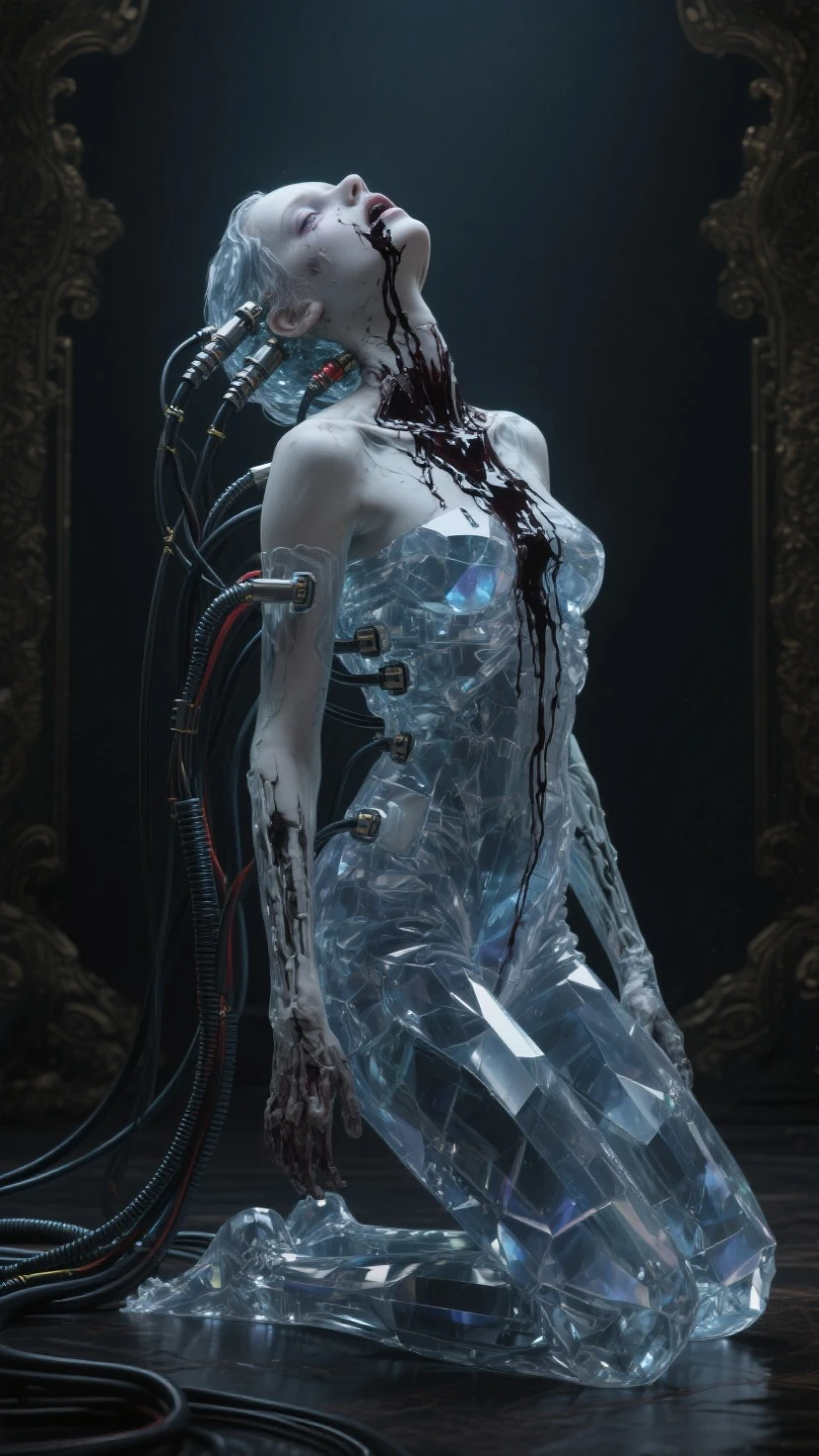 (masterpiece, top quality, best quality, official art, beautiful and aesthetic:1.2), (1girl:1.3), extreme detailed,colorful,highest detailed ((ultra-detailed)), (highly detailed CG illustration), ((an extremely delicate and beautiful)),(from side),cinematic light,((1mechanical girl)),solo,full body,(machine made joints:1.2),((machanical limbs)),(blood vessels connected to tubes),(mechanical vertebra attaching to back),((mechanical cervial attaching to neck)),(sitting),expressionless,(wires and cables attaching to neck:1.2),(wires and cables on head:1.2)(character focus),science fiction,white background,(blood:1.5)