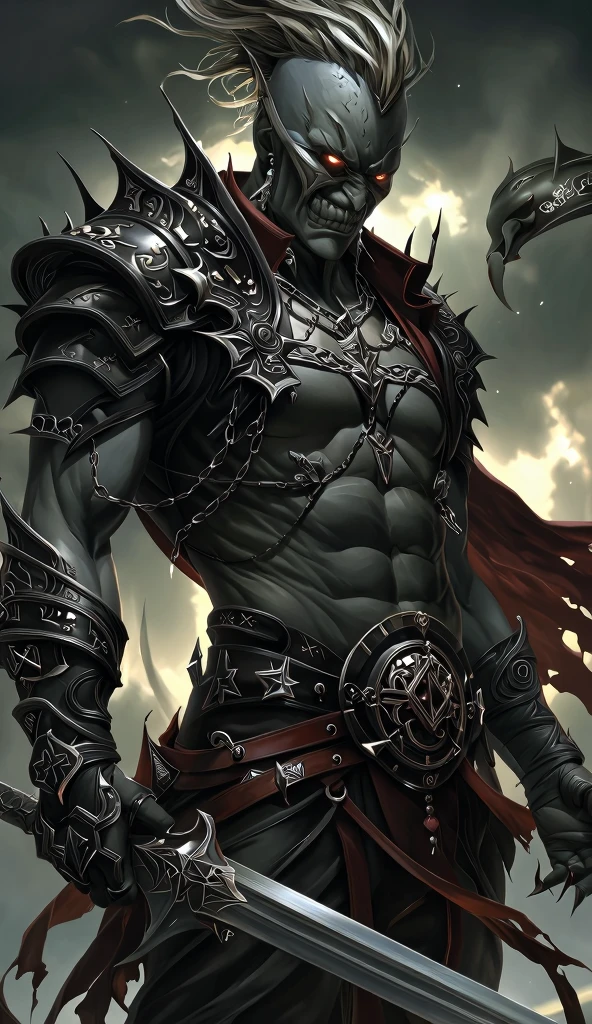 best quality,masterpiece,Ultra-high resolution,1 person,looking at the audience,one,Yamamoto Takashi style,night，simple background,White_background,Machinery Division，Exoskeleton，，Sexy，Handsome，Cold-blooded short-haired man，Beard scum，muscle，tough guy style，tattoo，Perfect proportion, anatomically correct, (from head to foot: 2.0), (Full body image: 2.0), alone, extremely stylized, abnormal art, masterpiece, Very detailed, delicate eyes, expressive delicate eyes, Detailed student, Futuristic, ((Wearing a crown)), ((holding scimitar and shield)), (Cybernetic weapons:1.4), big boot, Full body image, full-body shot, tassel, Large beads, (Big tassel), cyberpunk, ink punk, paint tray, Ink splatter, chain mail