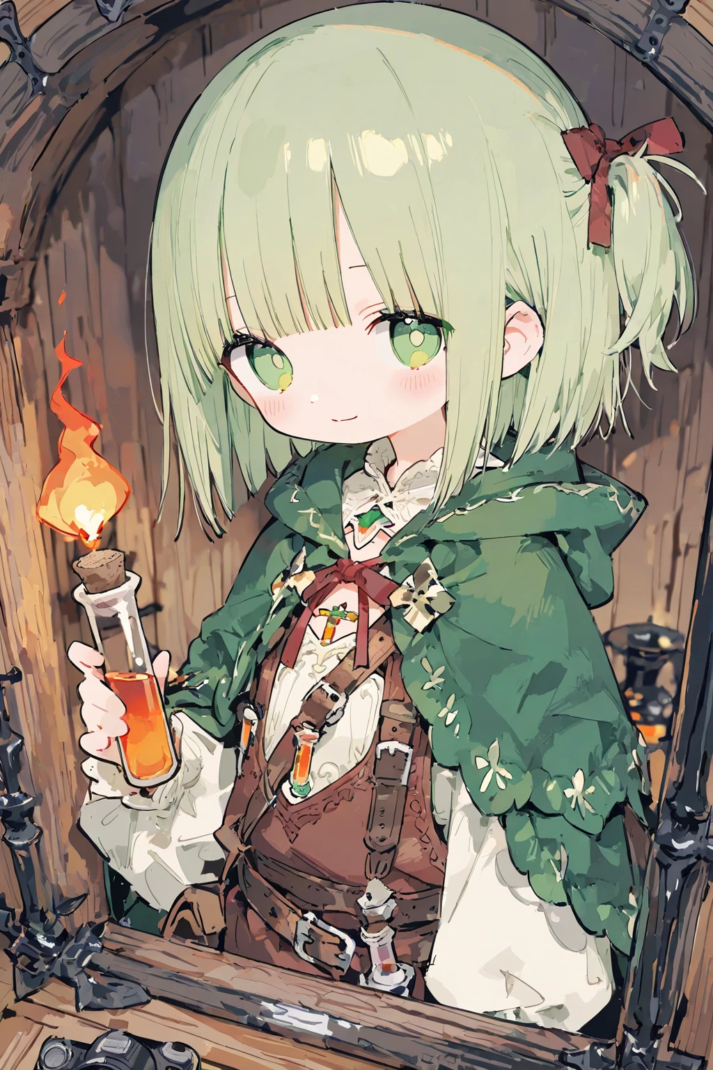 high quality, anime girl mage, with short orange hair, freckles, green eyes, green pointy hat, green robe, wooden staff


