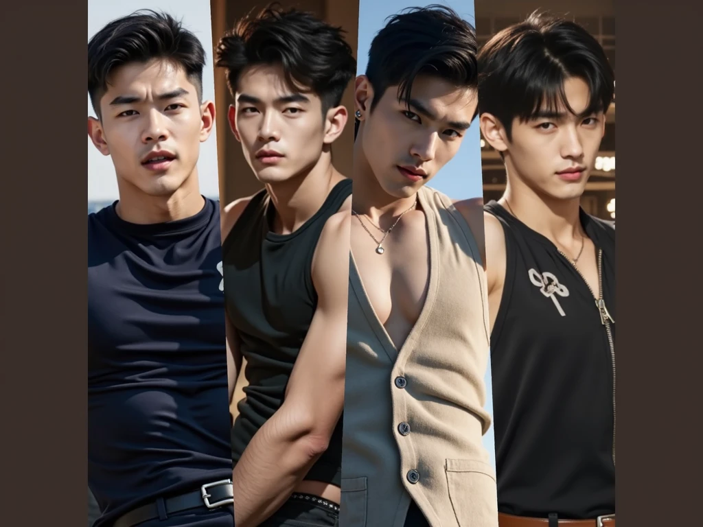 ((masterpiece)), ((best quality:1.2)), High Resolution, 8k, (ultra_realistic:1.3), (photorealistic:1.4), sharp focus, (((3boys))), (several boys), (mmm ), ((they all have the same height and body shape)), ((sandwiched:1.6)), (looking down), beautiful muscular men, messy short black hair, (manly), muscular men, (bright white skin), blush, perfect male cute face,  ((clean shaved face)), ((clean shaved chest)), broad shoulders, muscular arms, (biceps and muscle triceps detailed:1.3)), thin muscular thighs, (large pectorals), (narrow waist), (hip bones), detailed bottom, Sufi style hair the 3boys, one boy with a naughty face, another serious boy and the other with glasses and smart face,  Inspired by Bian Shoumin, Inspired by Xiao Yuncong, yihao ren, yanjun cheng, jinyiwei, inspired by Huang Gongwang, xintong chen, absurderes, A high resolution, Ultra detailed, hdr), Masterpiece, Best quality, pro studio light, 2 boys , Portrait of a 2 boy smile at each orther , hug, cuddle , look like Li Yuanbin, Kim Hyung Tae, Kim Hyung Tae, Yin Shishan, Shi Yu,  wearing nothing, fully , correct looking , well-shaped , smooth  and , 