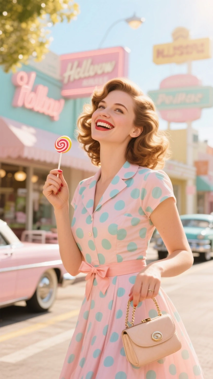 photo of a brunette pinup holding a big lolipop beautiful smile beautiful cafe retro bright light colors pastel  with polka dots posing in pinup style 