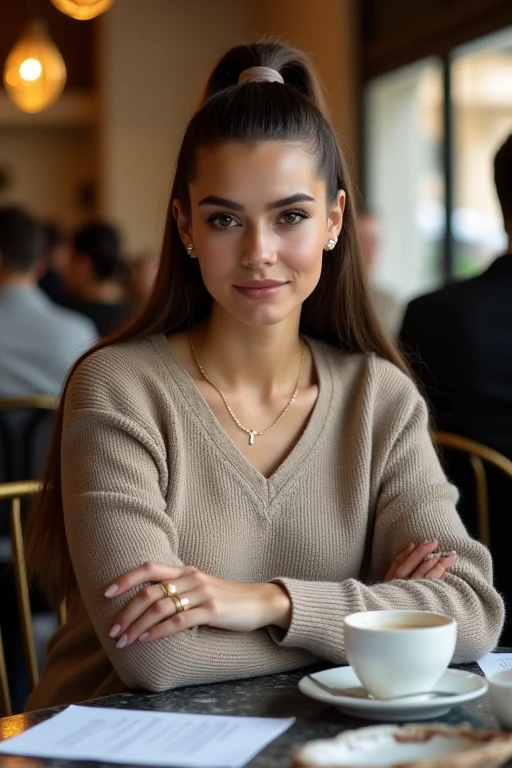 we capture the exquisite beauty of a woman (175cm) with a captivating mix of Scandinavian and South American heritage. the woman sitting at a table with a cup of coffee, loking outside, a sketch by Niko Henrichon, tumblr, realism, drinking coffee, infp young woman, woman drinking coffee, cute woman, gorgeous lady, morning coffee, sitting in a cafe, enjoying coffee at a coffee shop, perfect , very feminine, perfect hands, her hands are not mutated, she has a very feminine body, High Definition, Ultra High Quality, photorealistic:.1.37, UHD, NO MUTATIONS