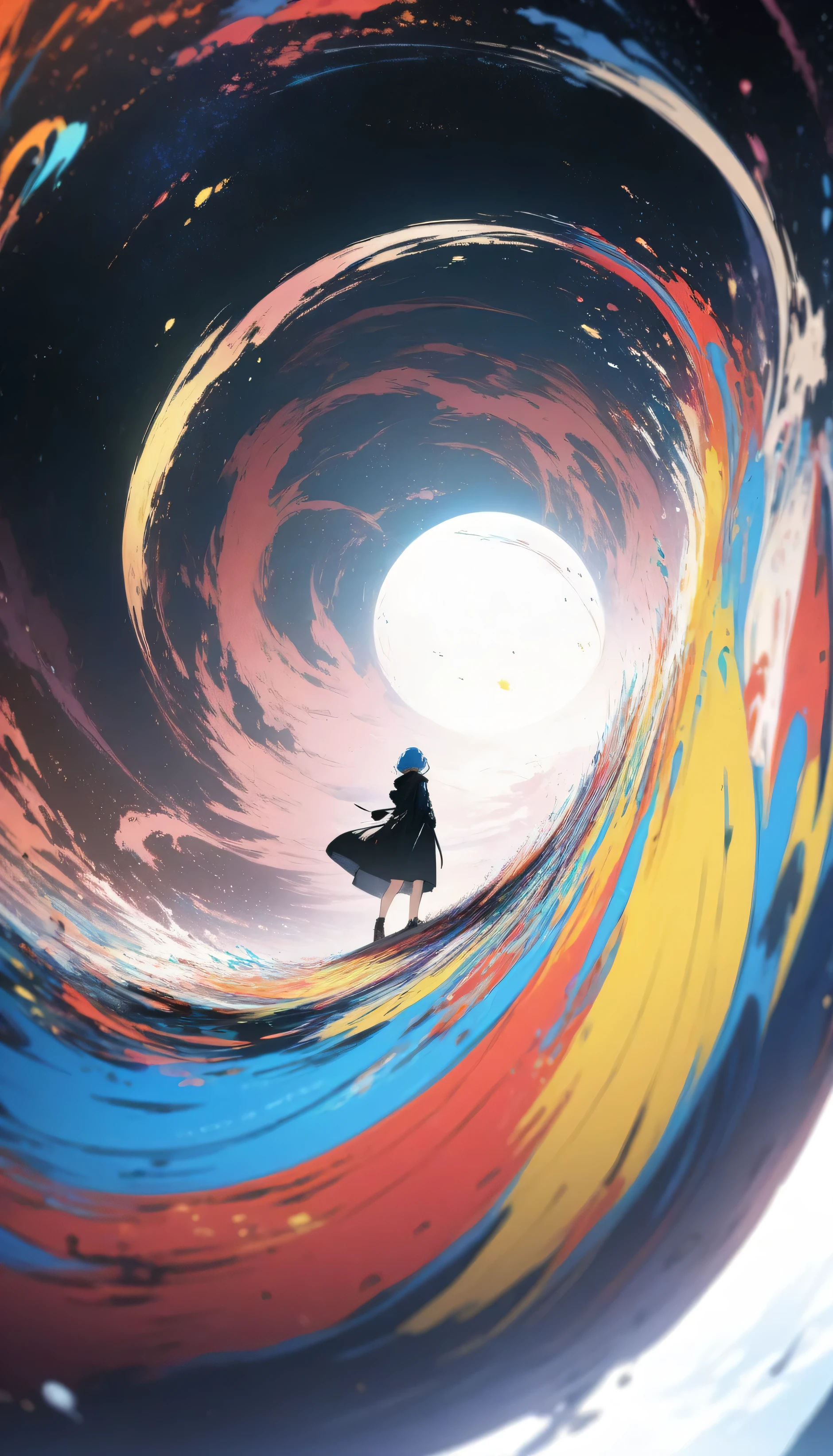 ((abstract and surreal place with vibrant colors that gives the feeling of joy, motivation, satisfaction and knowledge)), clear place, full body shot, 1girl with short ancestral clothes