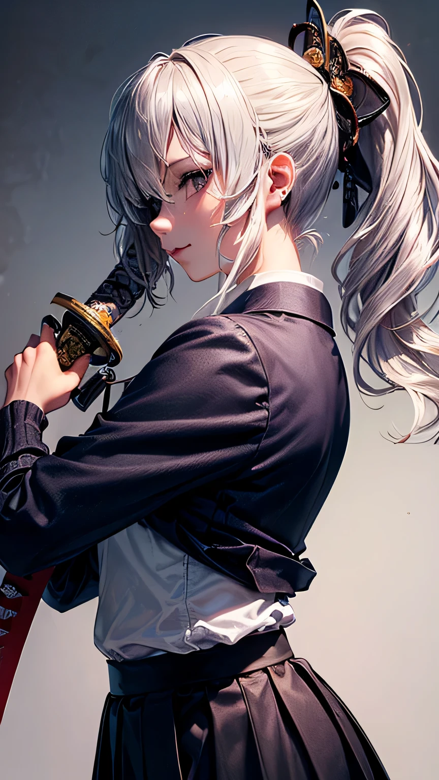 Short Hair, bangs, curtained hair, crossed bangs, Long hair, Messy hair, pony tails, bangs, curtained hair, crossed bangs, Messy hair, pony tails, Big hair, ((37Old woman)), hair ear, hair tying, hair flaps, widow peak, head gear, Hair ribbon, kanzashi, hairpods, white hair ribbon, Moles under eyes, Raised eyebrows, eyeball, Evil smile, crazy, Shy, scowling, jitome, gloom (expression), smile, anime big , Minimalism, Anime style, anime big , Minimalism, Anime style, angle of view, From above, hyper HD, retinas, Masterpiece, ccurate, Textured skin, Super detail, High quality, High details, Award-Awarded, (Best quality), A high resolution, 16K, hyper HD, retinas, Masterpiece, ccurate, Textured skin, Super detail, (High quality), High details, Award-Awarded, Best quality), (A high resolution, 16K(((White skin))((Carrying a sword))