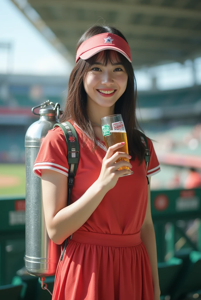 masterpiece,best Quality,ultra detailed, baseball stadium bleachers,big yellow backpack on her back, beautiful girl, selling beer, full of energy, cheerful,parky, beer vendors, beer girl, yellow and black cap, offering beer in plastic cup, long hair, smiling, white and black short sleeve shirt, , , Bud girl,