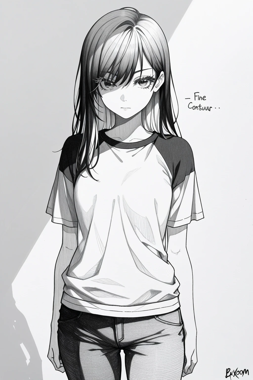 a drawing of a girl with a creepy face and a creepy mouth, clothed non - portrait, style of conrad roset, mid body portrait, clothing concept, upper body portrait, wearing a light shirt, blurry and dreamy illustration, colored screentone, full body details, inspired by Conrad Roset, colored sketch, soft anime illustration, half body portrait