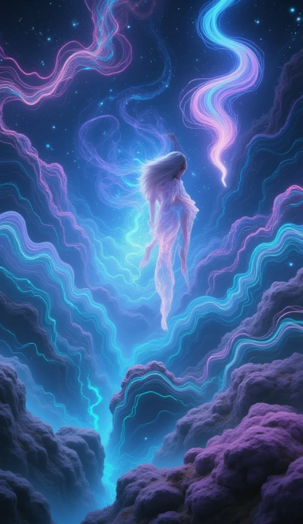 a lateral view of a girl with long hair flying through the air in the dark galaxy sky, floating in the cosmos nebula, floating in the universe, floating in a cosmic nebula, floating in space, floating in deep space, floatiung in front of a nebula, seeming to search for something from above, dim lights shining from above