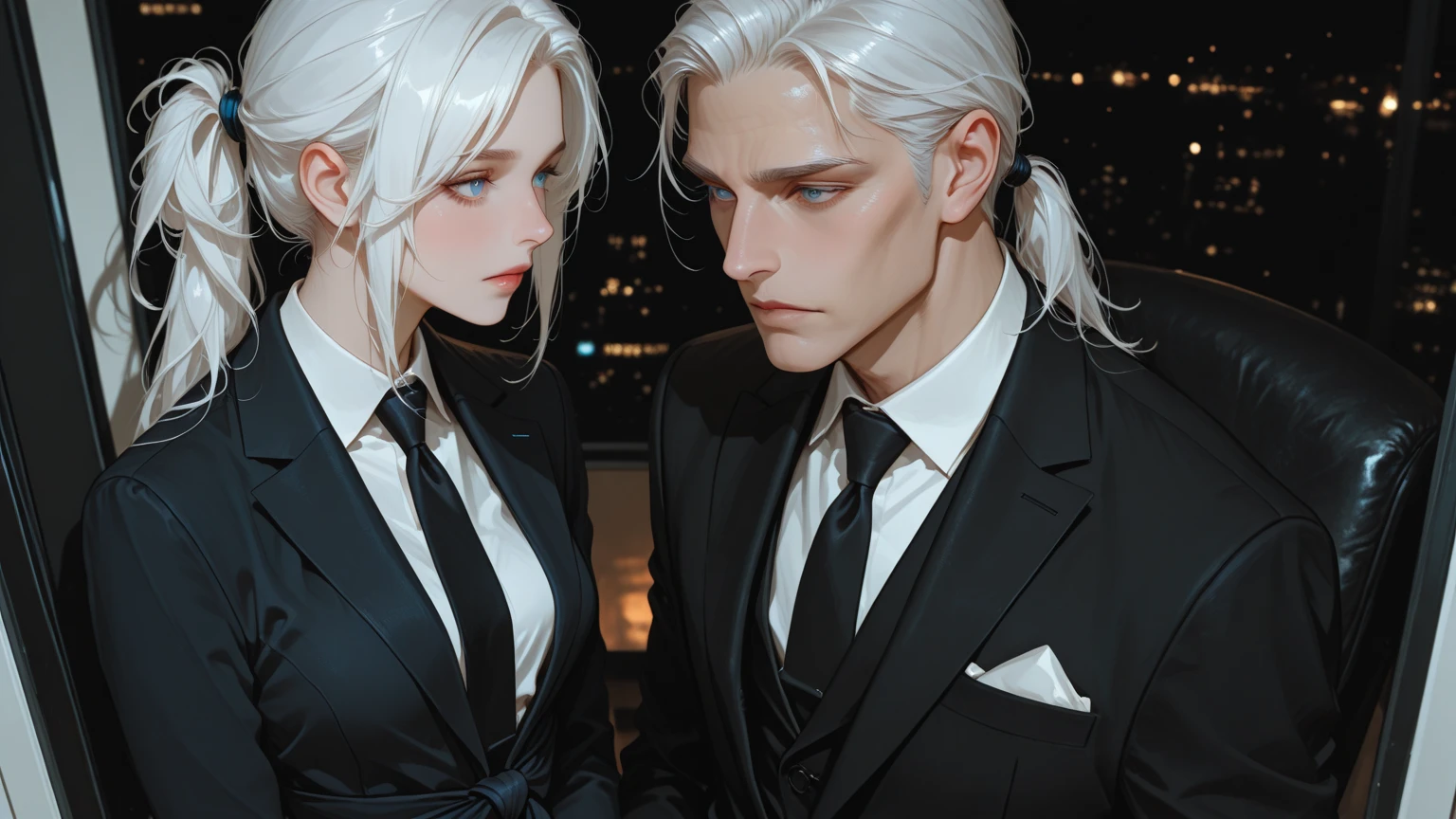 2 men, standing facing each other. A tall, handsome, statuesque, courageous young man is platinum blond, he has tanned skin, long straight platinum hair, blue eyes, he is dressed in an suit, he is facing another young man, he has long straight platinum hair, long bangs, green eyes, he is dressed in a leather jacket, jeans. Masterpiece, detailed study of the face, beautiful face, beautiful  features, perfect image, realistic shots, detailed study of faces, full-length image, 8k, detailed image. an extremely detailed illustration, a real masterpiece of the highest quality, with careful drawing. grey hair, green eyes, long hair, low ponytail