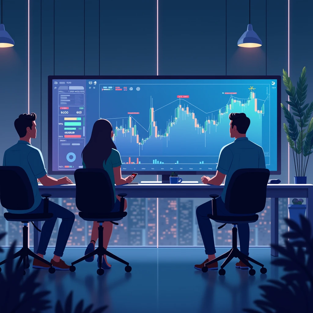 office with multiple computer screens and financial market candlestick charts