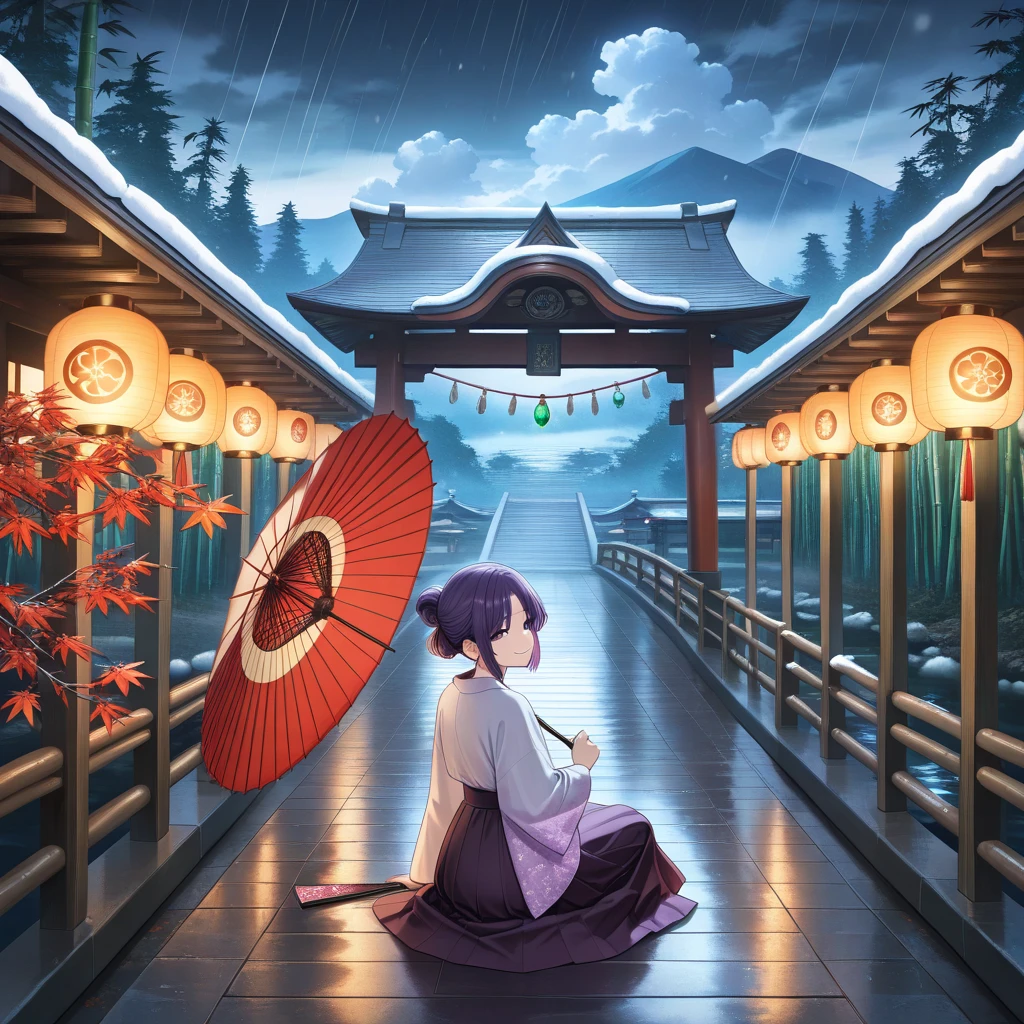 Illustration style, overhead view, dynamic angle, ultra-detailed, close-up shot of a girl with blue eyes, brown hair, and cat ears wearing a pink Miko outfit (1.4) and white stockings. She has bangs, an aura above or behind her head, and is looking at the viewer with a slight smile while showing her  shoulders. The girl's hands are hidden behind her back while standing upright. She wears a cherry blossom hair accessory ([[0.55]::0.85]) and is surrounded by falling cherry blossoms, flowing water, a beautiful cherry blossom tree, and flying translucent blue butterflies (1.15). The scene is set near a shrine gate with ultra-detailed ruins in the background, an abysmal sea, and a dull blue world tree (1.14). The girl's delicate fingers and hands are emphasized with yubao (0.5). --auto