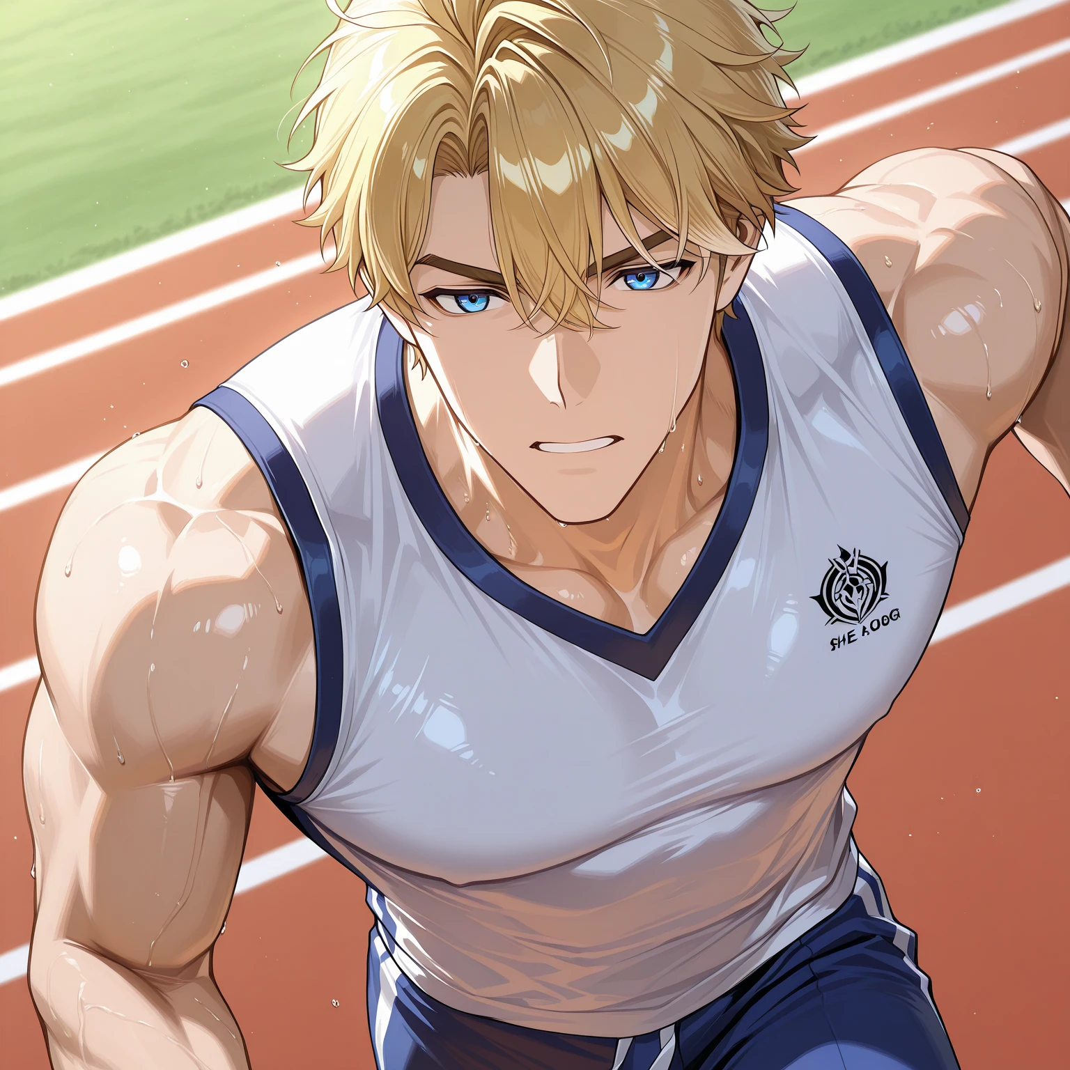 A muscular man wearing a sky blue and green fitness outfit，Cool hairstyle，Blue sky and white clouds，Sunlight