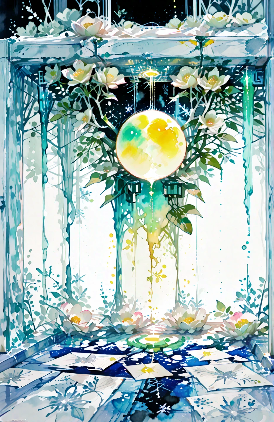 girl, Solitary, masterpiece, best quality,, Stand on the water, Reflective surface, , Animal ear fluff, (poster:0.76), (Palm leaves),  White flowers, (Neon indigo glow:1.2), night, Dark theme, Starry Sky,  (Bioluminescence), Vague,