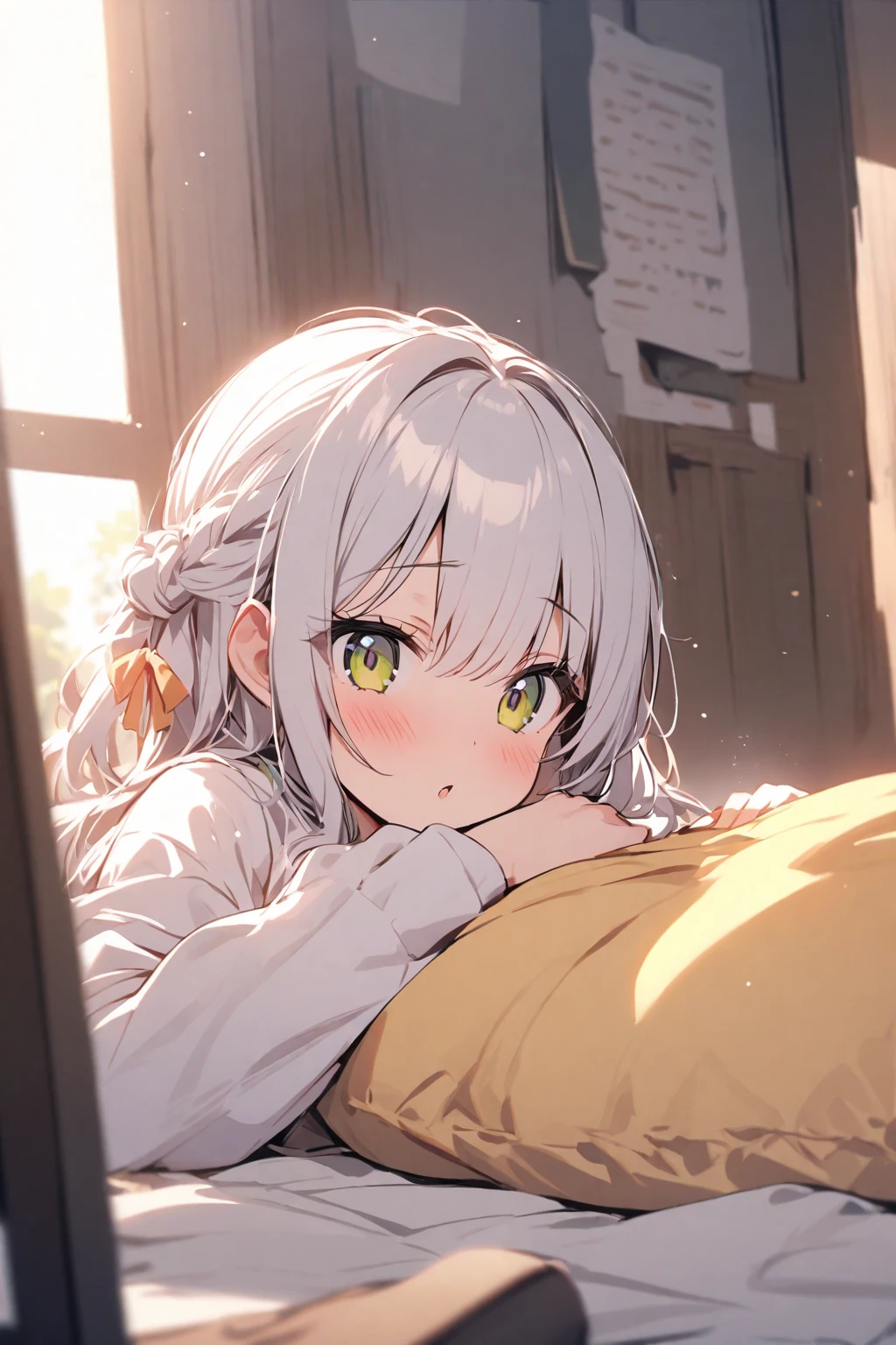 Woman, White Hair Short, , With just one shirt, Excited, Wake up, Bed, Morning, House, High details, 4K, Masterpiece
