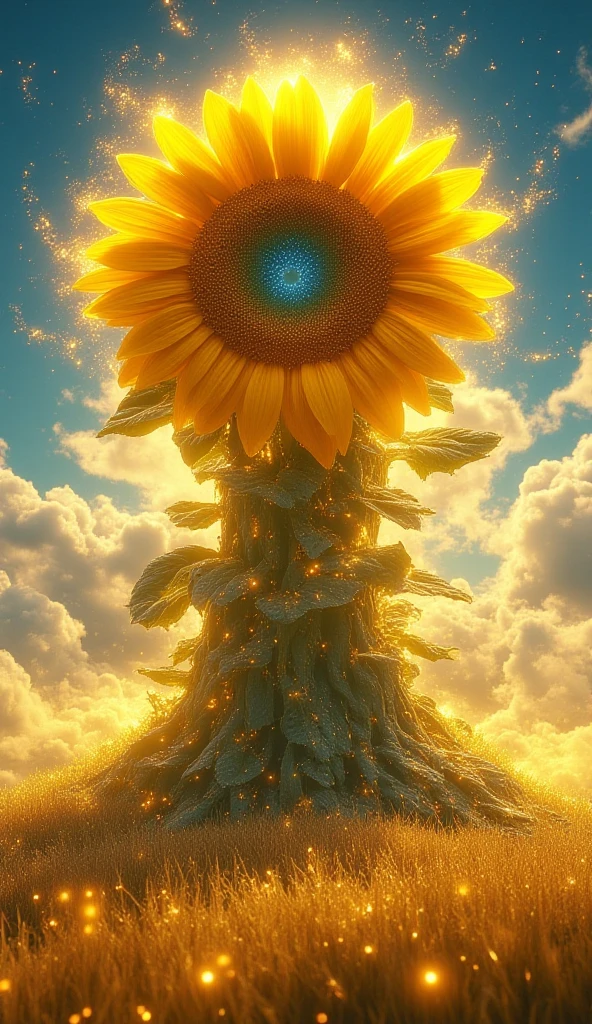 sunflower god, the almighty creator of the entire universe, Larger than all galaxies, Ultra-detailed graphic representation of giant energy clouds in the middle of the universe, Super sharp, hyper realisitc, iintricate, 32K, Realisticstyle
