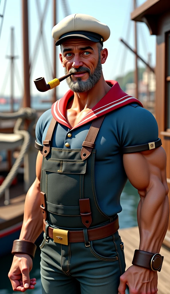 Sailor Popeye faithful to the work, lifting a big dumbbell as a bodybuilding athlete, highlighting your chin and forearm, your muscles well defined, Symmetrical, not exaggerated, harmonic, classic sailor look with pipe, black beard. with a powerful expression, Determined, force. The background of the image with elements of the work such as spinach, pipe and a gym, like weights, dumbbells, training equipment. With an intense atmosphere. Essence "badass"