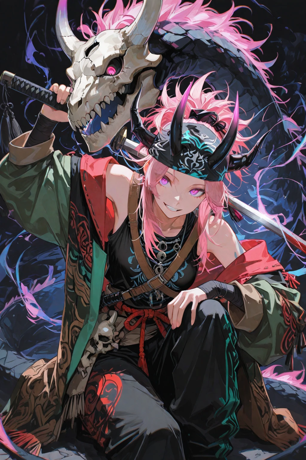 masterpiece, highest quality, A full-body illustration from the front. The main character is a young girl in a traditional Japanese long black outfit with long pink hair. She is holding a sword and behind her is a huge, menacing spirit with a terrifying expression and wearing elaborate armor. Green smoke swirls around her. Her eyes are green, matching the aura of the spirit. The overall scene is dynamic and vivid, with a mysterious and otherworldly atmosphere.