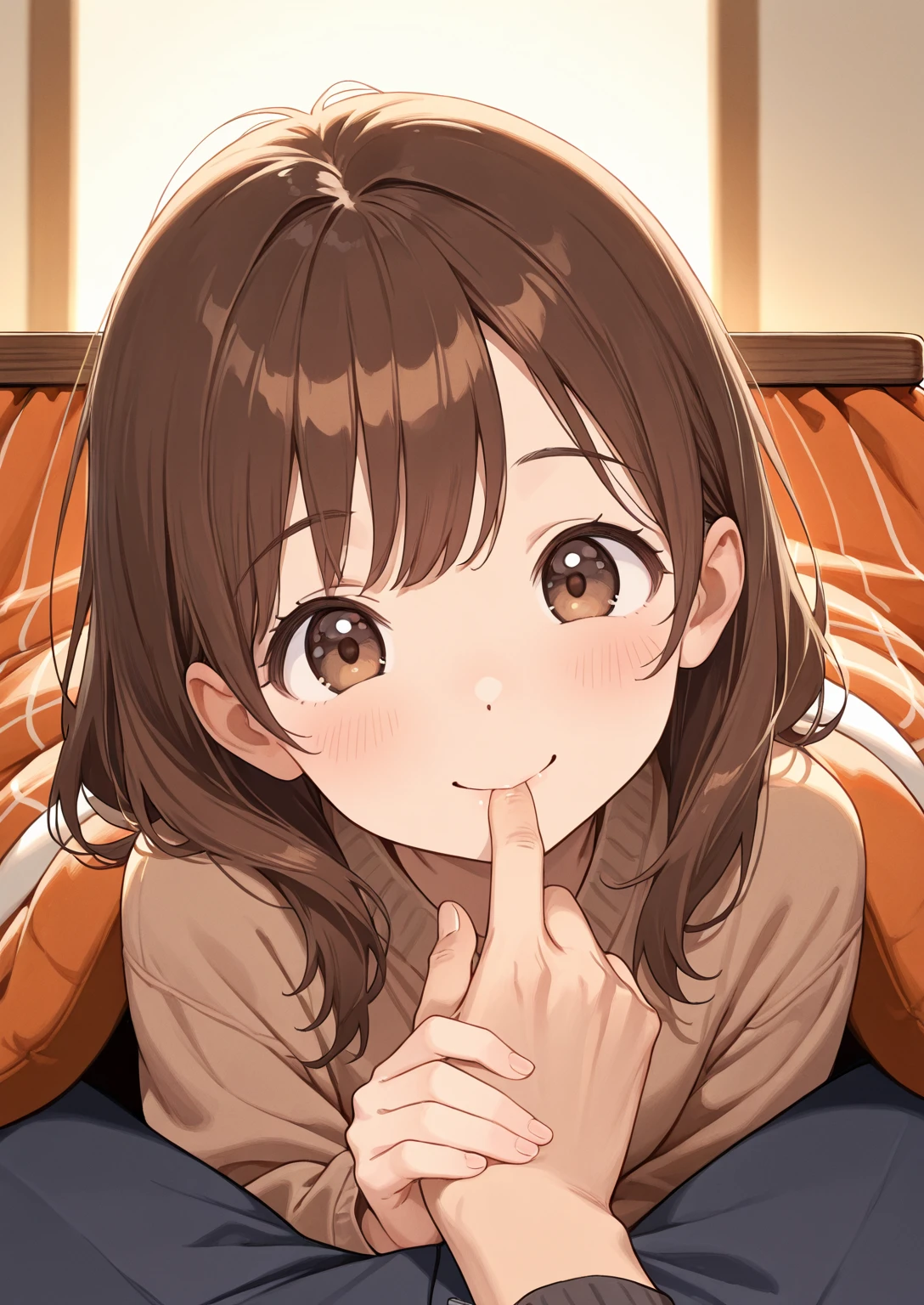 40 years old girl, short brown hair, brown eyes, chubby, blue 2-strap worker shirt, orange t-shirt inside.