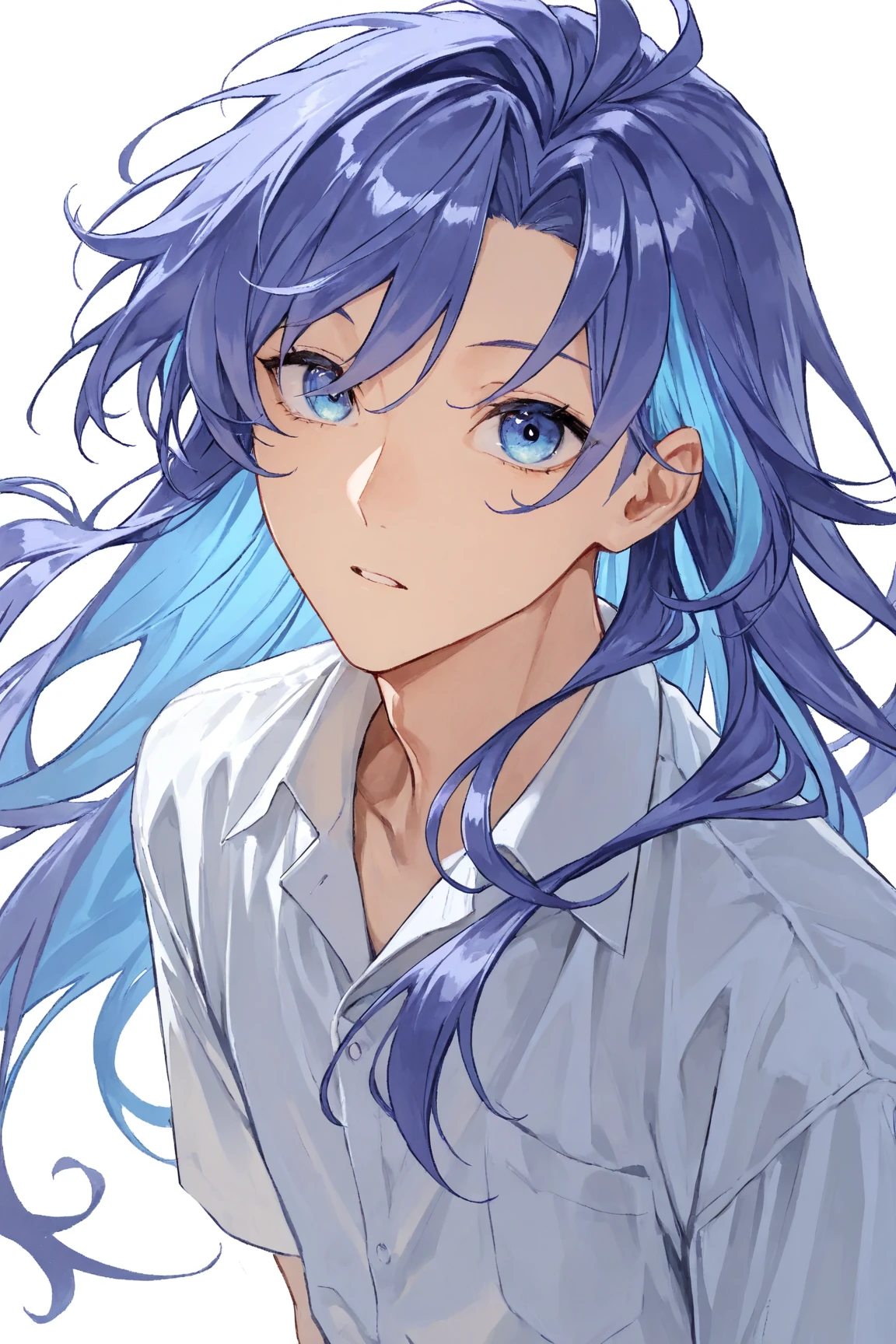 solo, handsome, Watercolor ,1/2,ミニキャラ,
1. male, 
Straight hair, BlueHair,Blue eyes＆Soft look ,
Gojo Satoru,18 years old,black cardigan,sweater,skin,smile,White background