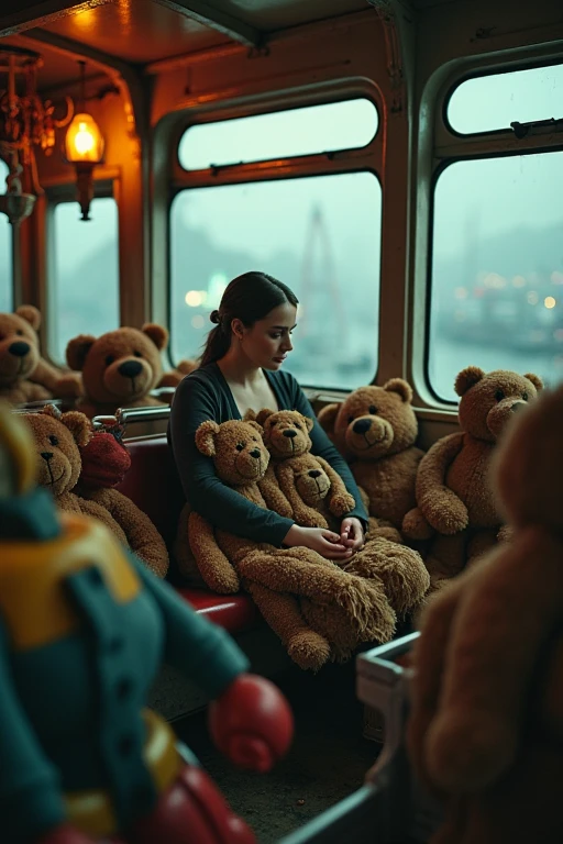 Inside the Ferris wheel、 and shabby plush teddy bears sitting on her lap、There are lots of LEGO villains、stuffed animals playing