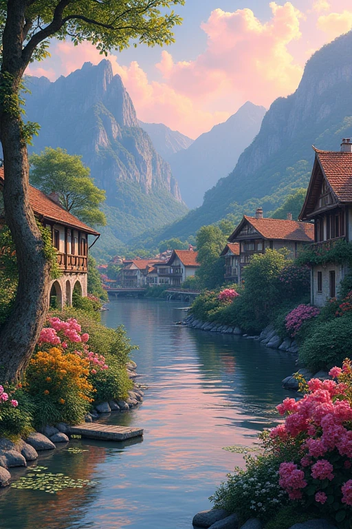 a small village by the river，Background is mountains，Flowers bloom，Brightly colored，Detailed Scenery，Beautiful Natural Scenery，Ambiance Lighting，Burning Sunsets，warm colors，utility，utility摄影，Detailed Leaves，Intricate architecture，cobblestone streets，charming country house，Swirling bright colors，dense vegetation，Intricate architecture，picturesque，Relaxed and Quiet，artwork of a，Best quality，8k，Extremely detailed，Anime Style