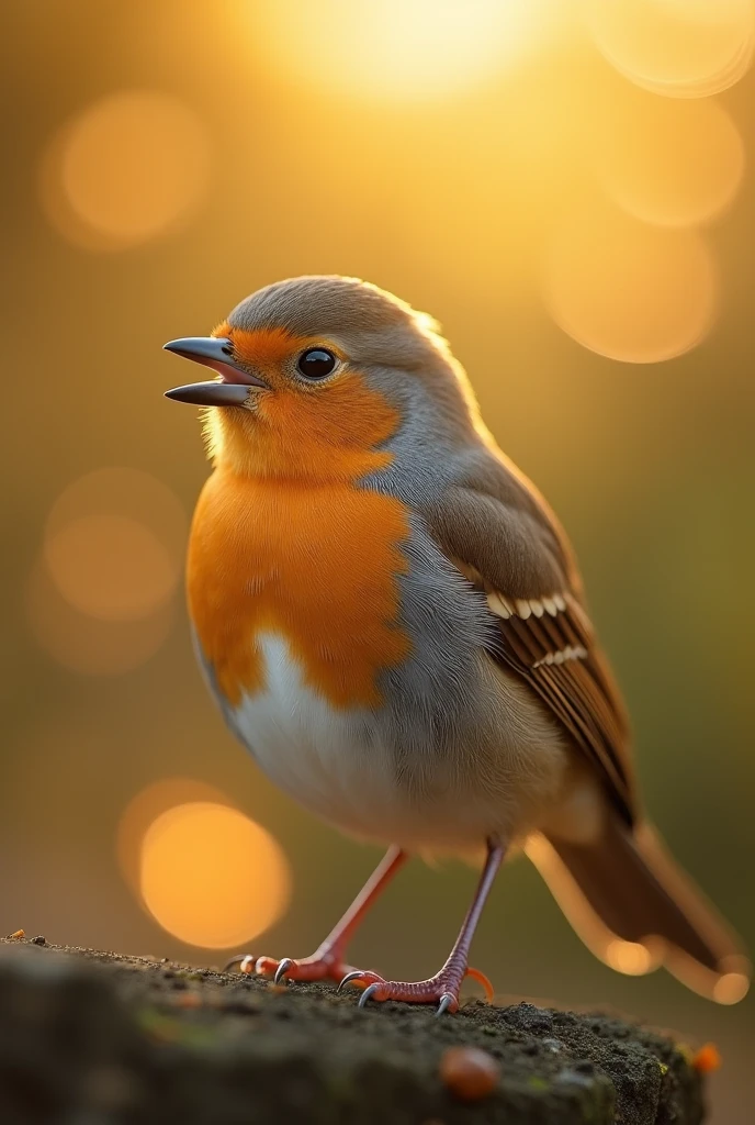 A charming close-up photo，shows a beautiful bird，illuminated by soft golden light on a quiet morning，with a bokeh ball gently framing its petite body