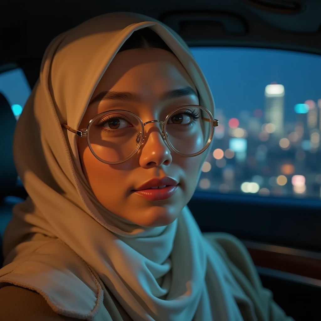Detailed face of half body photo. 25 year old Indonesian girl with a sweet  face,  big  round face and  round glasses, wearing a black pashmina hijab, and black formal shirt while driving a Toyota Fortuner interior at night