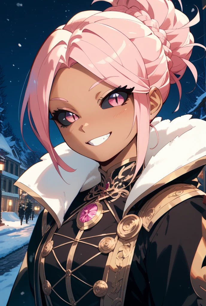 1girl, pink hair, evil smile, black tights, looking down, ,  , horns