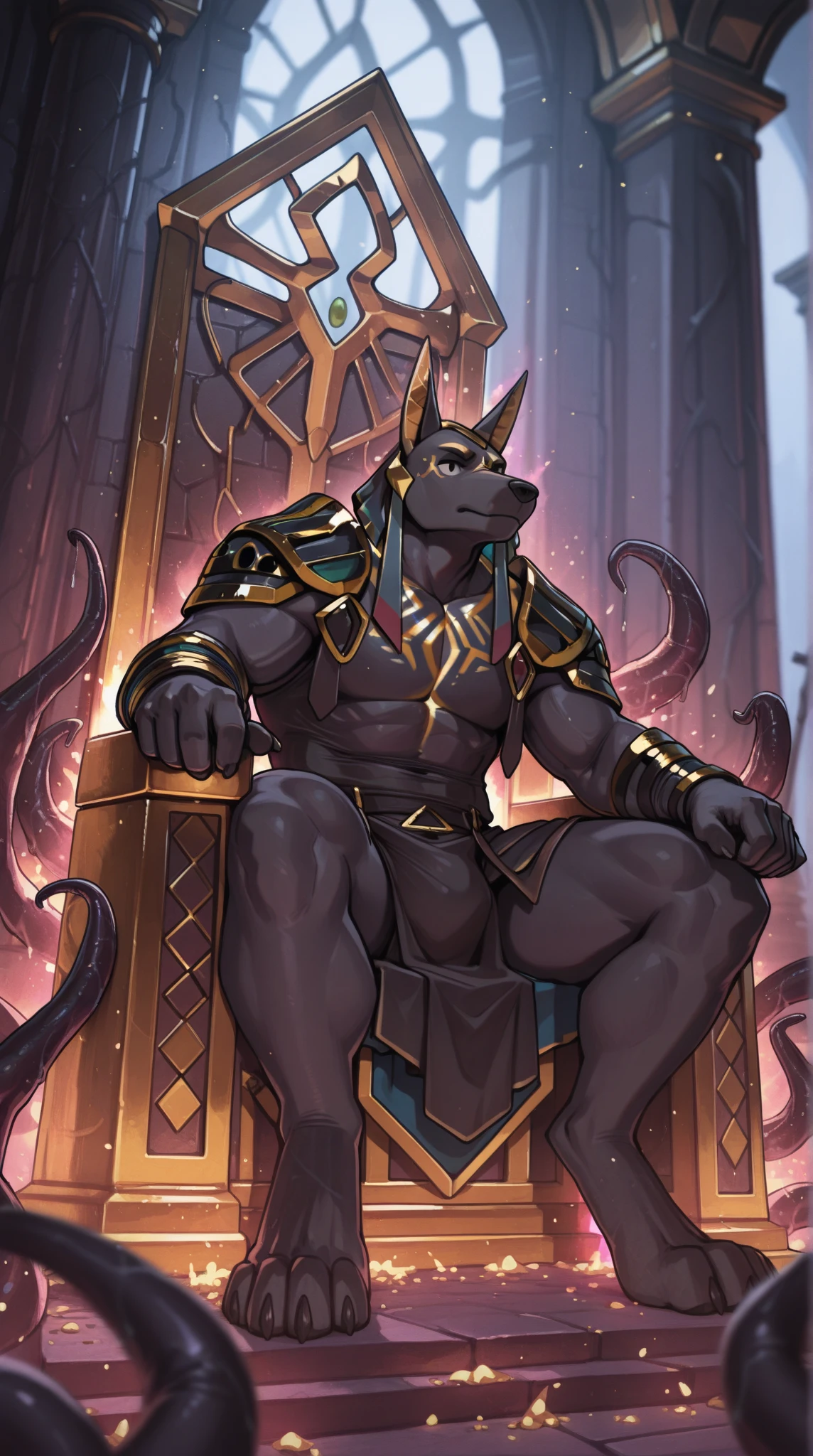 Very_muscular_mature_doberman female dark_brown_two-tone_furry_body, hypnotized with glowing purple eyes, tongue out, tribal clothes, yellow_tabard, mace misty_breath solo Masterpiece best_quality absurdres highly_detailed cleanly_drawn_eyes anthro_only large_breasts by_claweddrip, by_greasymojo, by_underscore-b, by_runawaystride