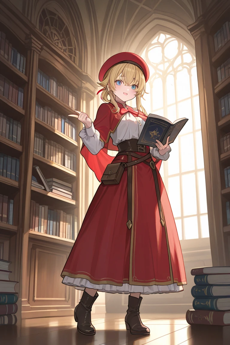 A golden haired female witch with hazel eyes with golden wings is wearing a Victorian dress is smiling by an open window in the morning