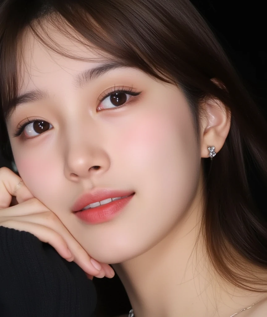 (masterpiece:1.3), high resolution, ultra detailed, extremely detailed CG unity 8k wallpaper, realistic, photo-realistic, RAW photo, beautiful detailed face, pale skin, realistic glistening skin, detailed cloth texture, detailed hair texture, Perfect body, Beautiful Face, accurate, Anatomically correct, Highly detailed face and skin texture, natural neck length, (beautiful hands), (fair skin:1.1), (well-aligned teeth:1.1), (Sweaty skin:1.2),
BREAK,
Detailed eyes, symmetric eyes, Light Brown eyes, Double eyelids, Thin eyebrows, (Glossy lips:1.4), ((A face with waiting for a kiss:1.2)), (blush:1.1), (A sparkling small hair accessory:1.1), baby face,
BREAK,
(A classy and Cute woman1.3), (, , :1.4),
BREAK,
medium large , slender figure, firm abs,
((random hairstyle, Dark blonde hair, wavy hair, long hair, asymmetric bangs:1.2)), (Close up shot:1.2), (looking at viewer), (beautiful smile:1.1), From above,
BREAK,
((Sitting side by side on the bed of hotel)),
