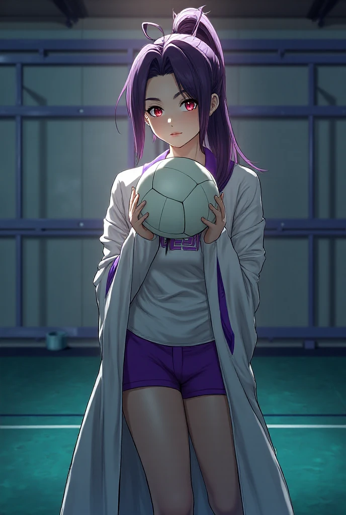 In the dim sports equipment room，A schoolgirl in sportswear and Japanese sports shorts。She is holding volleyball in her arms，Feeling overwhelmed by your presence，with a slightly furrowed brow，shouting “idiot” in her mouth，A shy blush spread to the tips of her ears。with fine fur texture，Ambient indoor light。