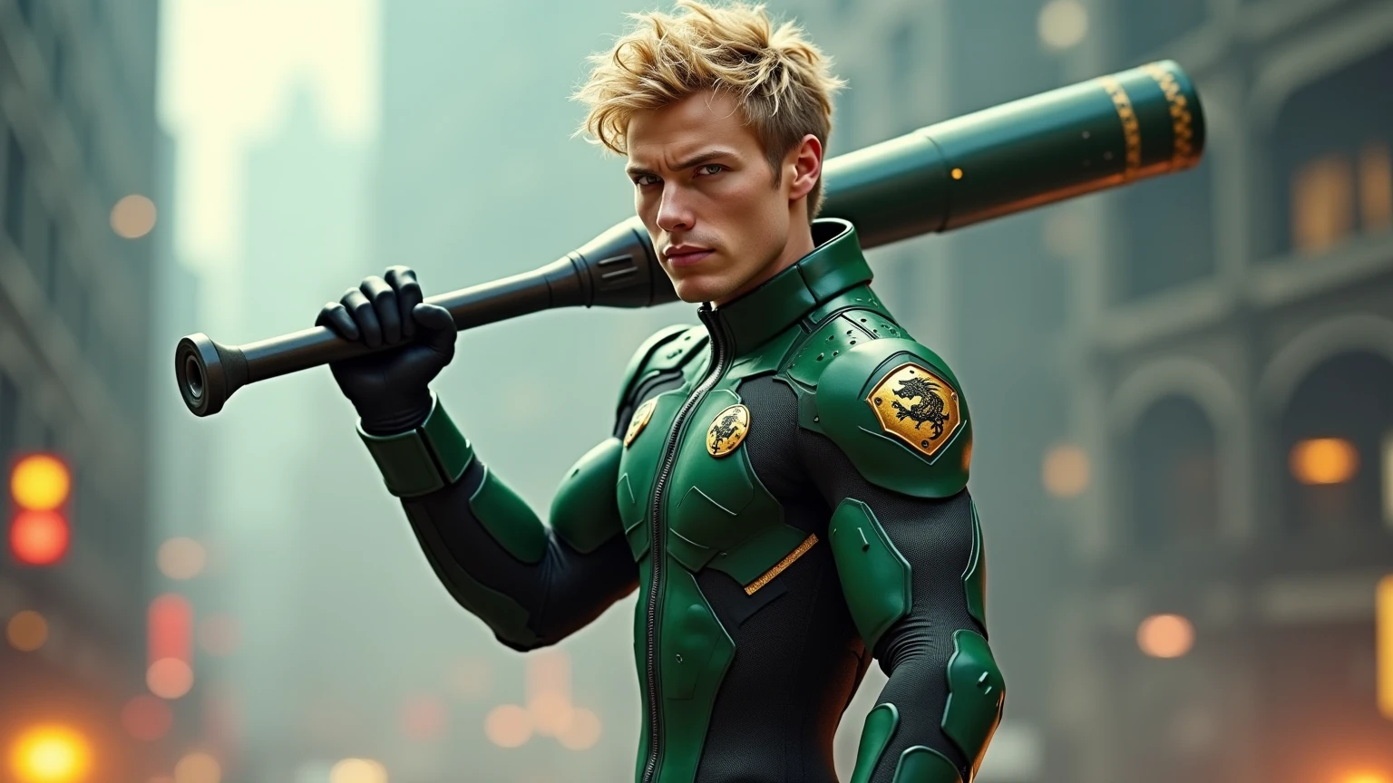 Quarter body photorealistic handsome hunky fractal masculine Teen titans Blonde Electric boy wearing a green emerald  crystal chrome glass super suit , look at camera, detailed face parts,, studio as background, Freestyle Pose, Happy Expression, perfect , symmetric body,, 18 years old,  :: high detail, a lean athletic body, realistic, human skin, extremely detailed fingers,  chad chin,, masculine, human skin, , gorgeous, Attractive. super bulges in action . camera focus face front 