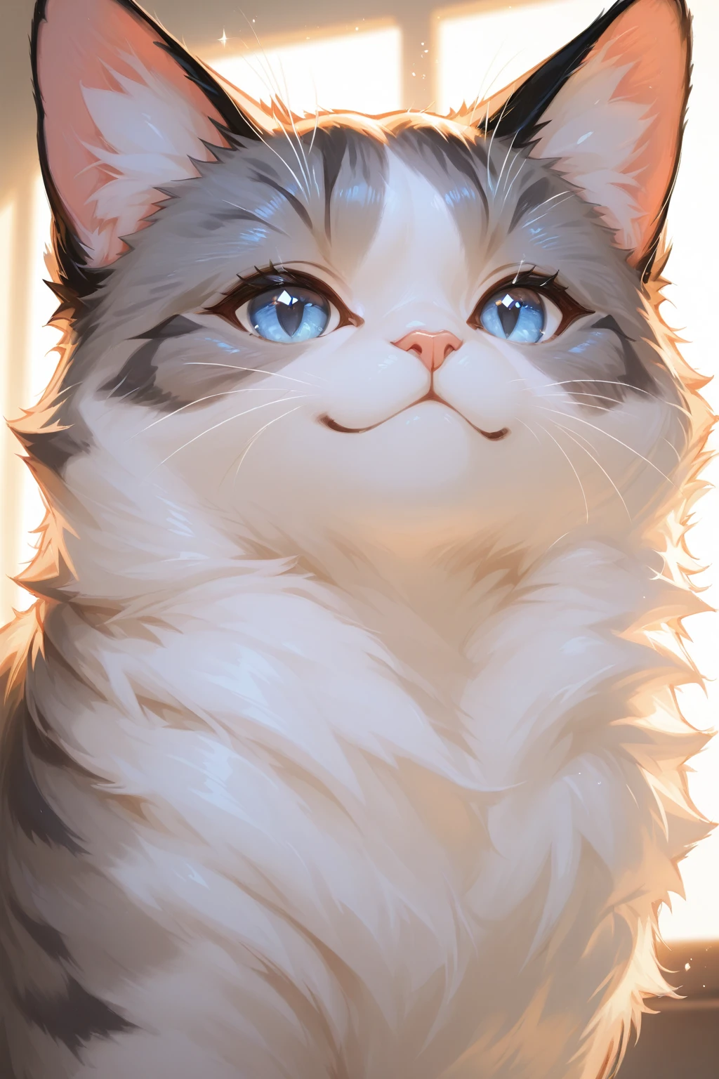 Criando uma imagem de alta qualidade de um filhote de gato, all-white fur, olhos azuis, short hair, uma postura fria e digna, and standing. We will employ advanced macrophotography techniques to emphasize the intricate details of the cat's complex fur and capture classic cat poses. Place the camera at the level of the cat's eyes, Our goal is to establish an intimate connection between the viewer and the subject. To enhance the texture and contours of the cat's body, let's improve the lighting. Capturing the cat in a relaxed way, balanced posture that shows your flexibility and grace, tentaremos aproveitar o momento em movimento natural e melhorar a clareza da imagem. This will result in a cute, Detailed digital art of an anime kitten standing with cute, visuais realistas no estilo anime, suitable for 4K anime art wallpapers.