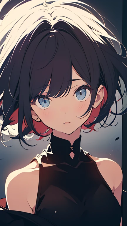 anime style, (1girl in, Solo:1.0), (Haibara Ai), ((Short pants)), (((Big eyes))), (Cute anime girl head), (flat ),looking at viewer,With a height of 100cm, shoot from front, (head shot), Simple line minimalism, Abstract Art, City background, anime opening movie