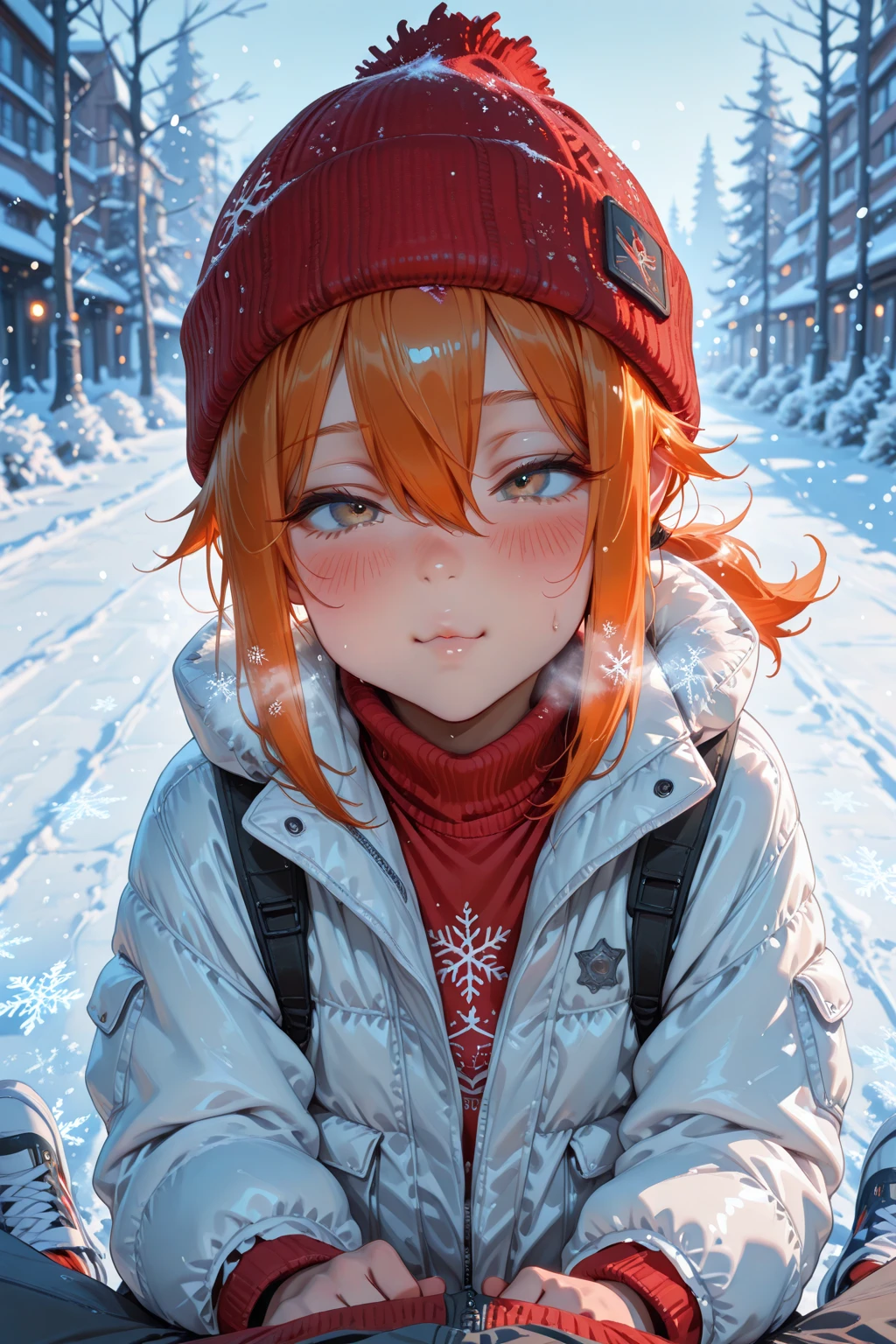 quality(8k wallpaper of extremely detailed CG unit, ​masterpiece, hight resolution, top-quality, top-quality real texture skin,hyper realisitic, digitial painting,increase the resolution,RAW photos，best qualtiy,highly detailed,the wallpaper),BREAK,8K, half face, girl with orange hair, backpack, red coat, Chibi 