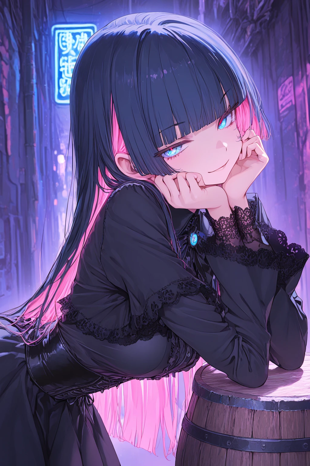 Anime girl sitting on the ground in a black dress - SeaArt AI