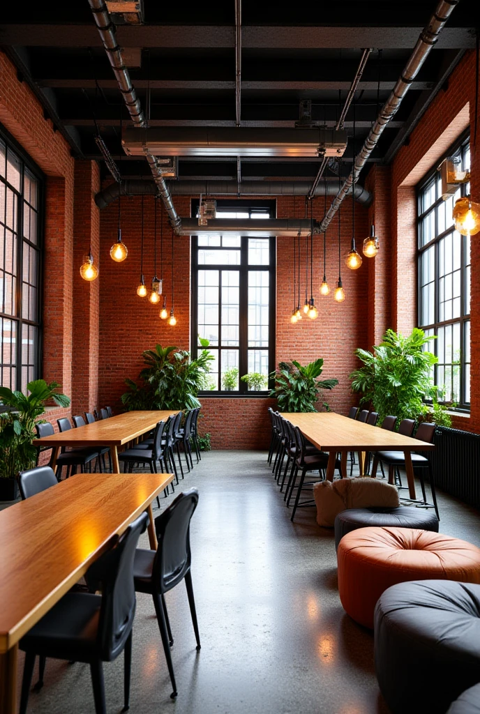 industrial style office design for architecture and interiors:
1. Materials and Textures
Brick and Concrete: Use -brick and concrete walls to create a unique and intimate feel. You can expose the rustic textures, without plaster and paint.
Metal and Steel: Use metal details, such as door frames, railings, or steel and aluminum light fixtures. Plumbing, electrical, or steel bars can also be  to create an industrial look.
2. Colors
Dark color palette: Use colors like black, gray, brown, and earth tones to create a warm and strong space.
Bold colors: Add a few strong color accents, such as red or yellow, through paintings, chairs, or walls to create balance and uniqueness.
3. Furniture
Large desks: Use rough wood desks with metal legs and large dining tables to encourage collaboration.on a computer desk
Ergonomic chairs: Choose industrial-style seating with minimalist designs and durable materials like leather or rough fabric.
Open shelves: Install open shelves in wood and metal to create storage and decorative spaces.
4. Lighting
Decorative pendant lights: Use metal pendant lights or industrial ceiling lights to add aesthetics and light to the space.
Natural light: Optimize natural light by using large windows and open spaces to create an airy feel.
Discussion areas: Set up comfortable areas with sofas or low chairs, along with coffee tables for employees to discuss and work in groups.
8. Office plants
Industrial plants: Use simple but beautiful ornamental plants, suitable for industrial spaces such as cactus, peace lily or snake plant to create freshness without taking up space.