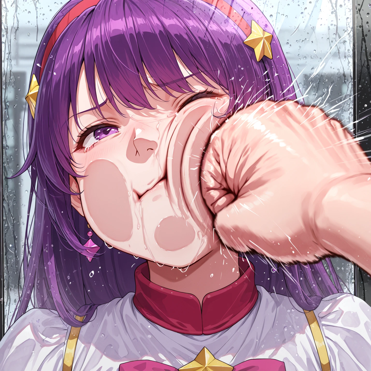 score_9, score_8_up, score_7_up, score_6_up, rating_, source_anime, , (honoka_\(DOA\)), BREAK  on head, closeup, 1girl, bead necklace,  slip,  slip, 1boy, dark-skinned male, hetero, double v, veins, veiny , , , , sweat, large , solo focus, shaded face, tears, ,  shoulders, v, scared expression, open mouth, looking at viewer,