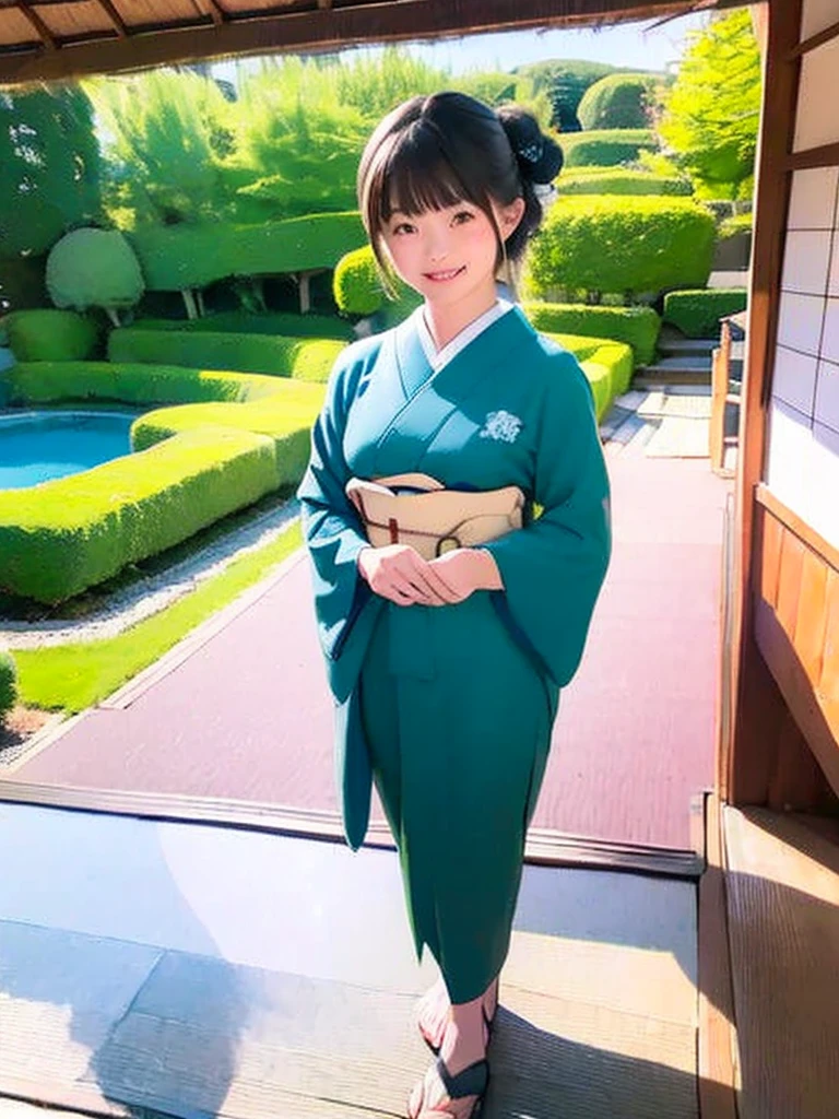 (Realistic:1.3), Rembrandt Lighting, (chef-d'artwork:1.2), (photoRealistic:1.2), (best quality), (Detailed skin:1.3), (intricate details), Laser trace,1fille, fille japonaise, 21 ans, Detailed skin texture, (rougir:0.5), diffusion souterraine, souriant, chignons, frange, cheveux entre les yeux, ornements de cheveux, kimono, floral print, porter un bordJF_kimono, seiza (beautiful sunny day, decor'automne, arbres et feuilles d'automne, (was :1.2)